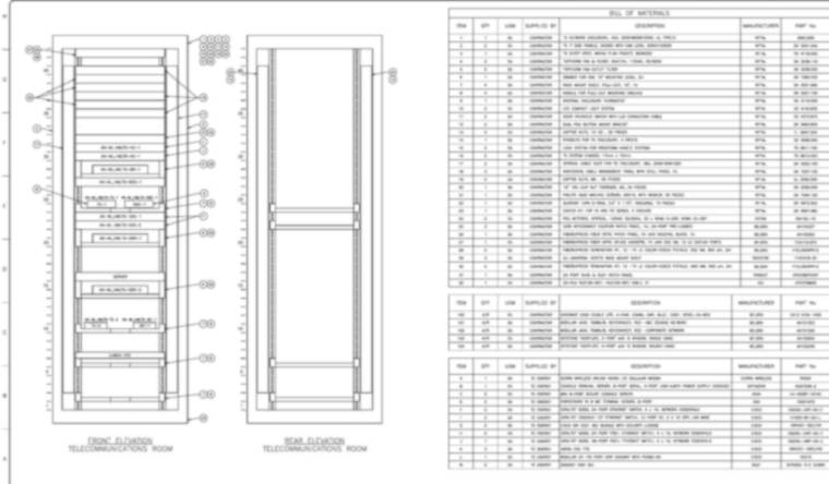 CAD telecom rack front and rear elevation with bill of materials
