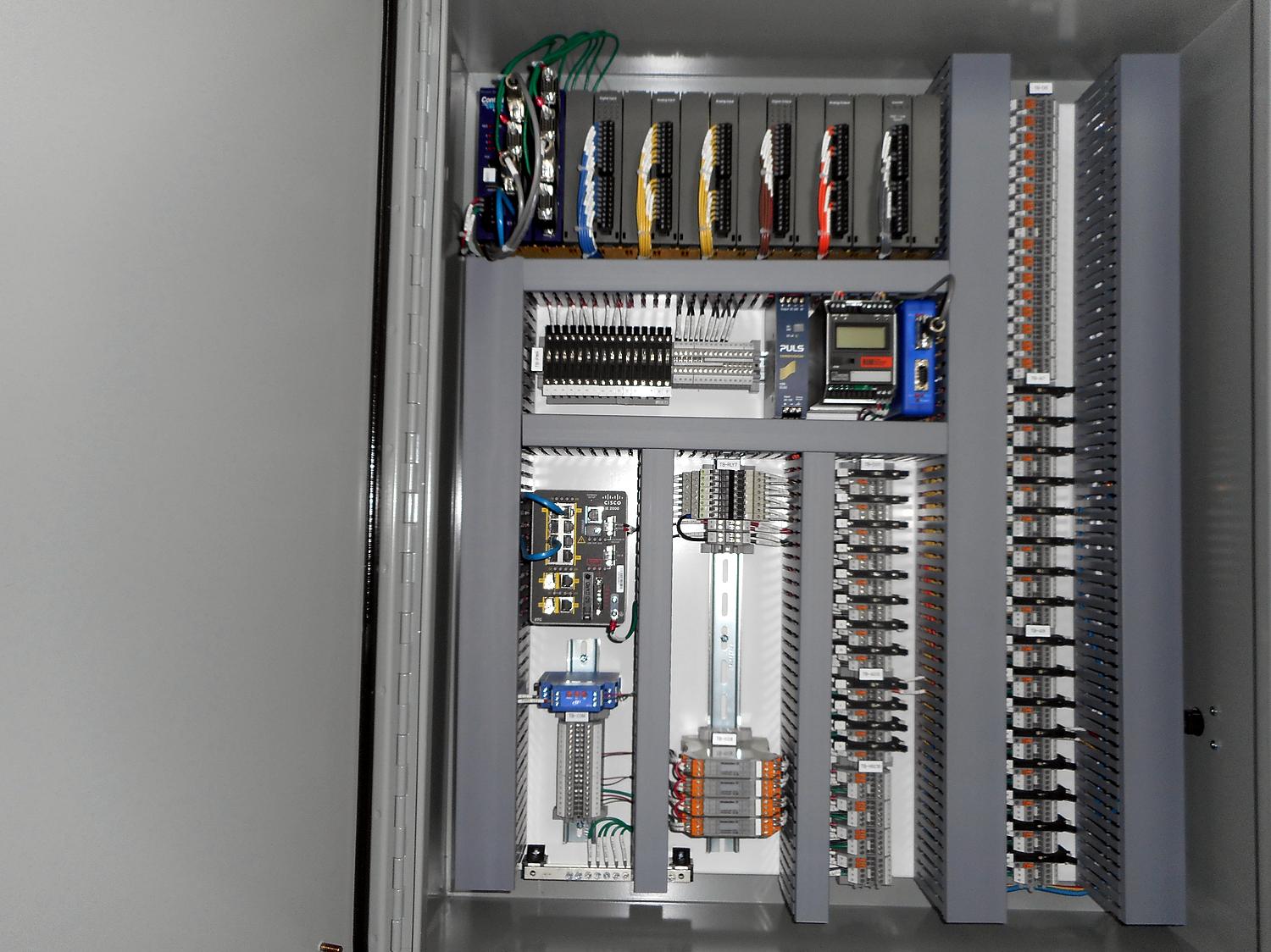 Complete RTU control enclosure with PLC I/O rack, DC power supplies, fused marshalling and field terminal strips