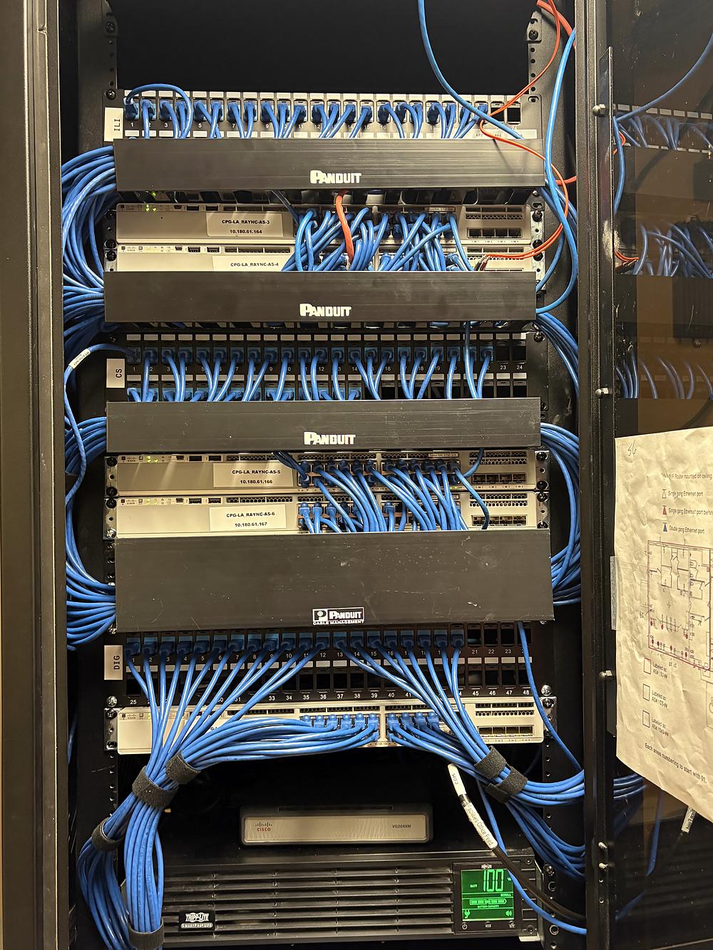 Fully cabled telecom rack with patch panels, switches and labeled cable management