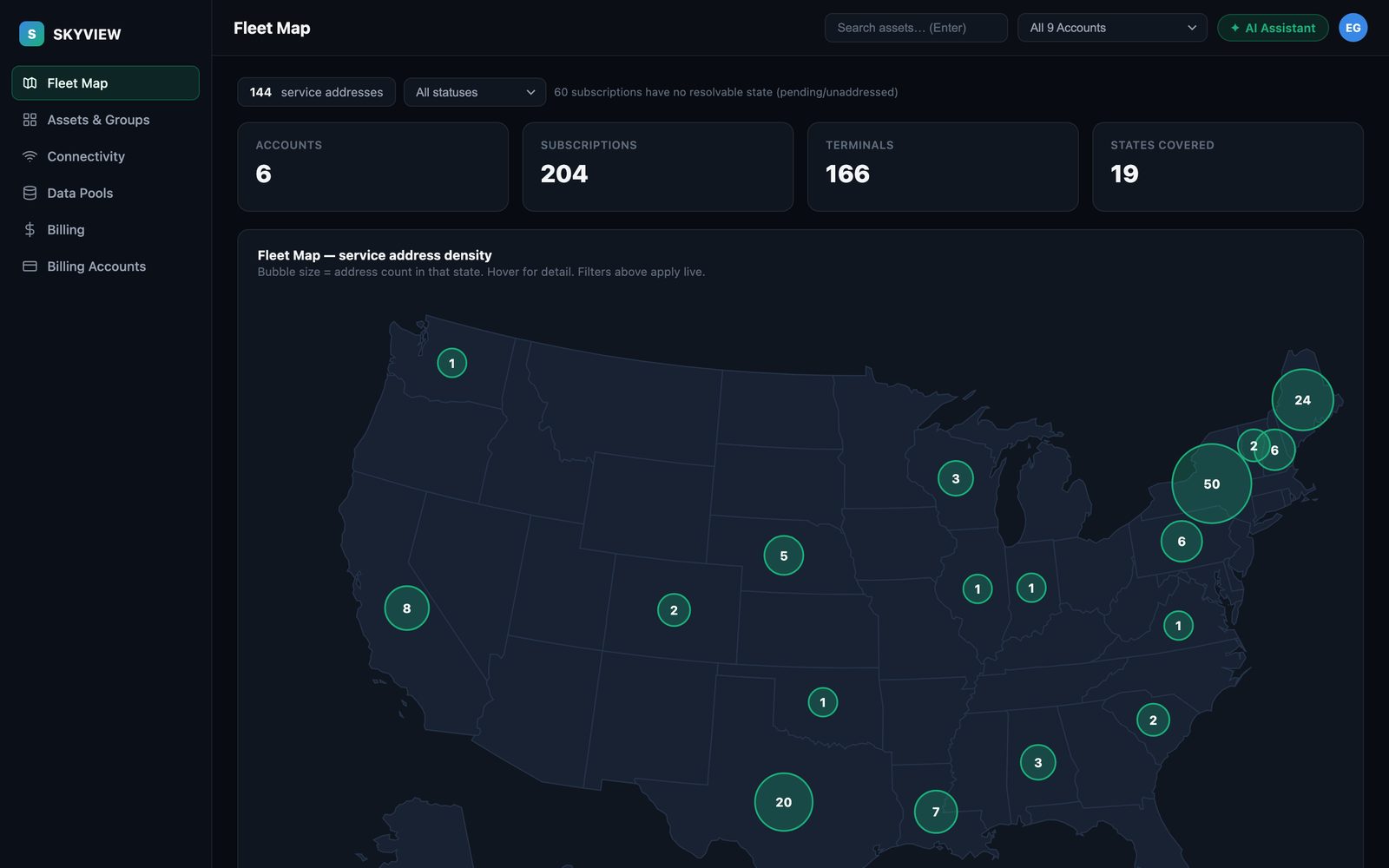 SkyView portal showing a fleet map of service addresses across the United States with account, subscription and terminal counts